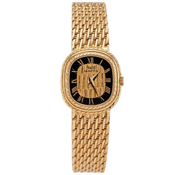 Ladies 18 Karat Piaget Tanagra Wristwatch : Ladies 18 Karat Piaget Tanagra Wristwatch Beautiful ladies 18 karat yellow gold Piaget Tanagra wristwatch, ca 1972. 18k mesh band with fold-over clasp. Quartz movement. Complete with additional link