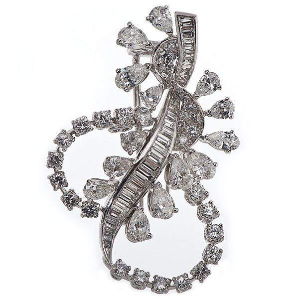 Platinum Pin w/Pear-Shaped, Baguette & Round Diamonds: Ladies Platinum Brooch with Pear-Shaped Baguette and Round Diamonds One ladies platinum brooch containing 13 SI1, F color pear-shaped diamonds weighing approximately 5.00 carats total weight, 30 VS2