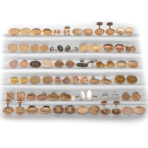 Edwardian Cufflinks : Edwardian Cufflinks A nice group of 36 pairs of Edwardian-era "bean back" cufflinks. Most are gold filled. Three pairs are in sterling silver. Lot includes some with engraved monograms and some with