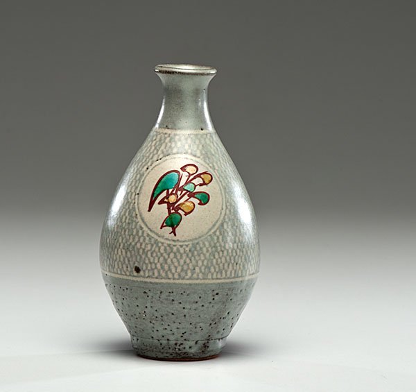 Tatsuzo Shimaoka (1919-2007; Japan) : Sake Bottle ca 1970 Stoneware, with rolled rope surface, enamel decoration and white slip inlay; ht.7.5, dia. 4 in.