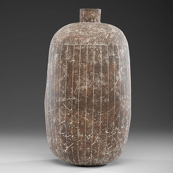 Claude Conover (1907-1994; USA) : Untitled Vessel ca 1966 Stoneware with slip surface and incising: ht. 21 1/2 x dia. 11; signed on base. Provenance: Cleveland Museum 1967