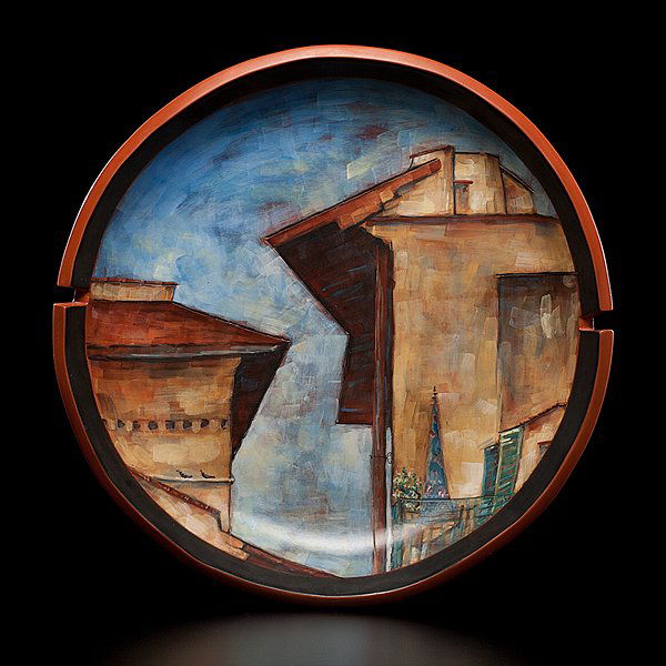 Lidya Buzio (1948; Uruguay) : Untitled Roofscape Charger 1988 Burnished Earthenware; dia. 16 in. Acquired from the Garth Clark Gallery, NY, 1988.