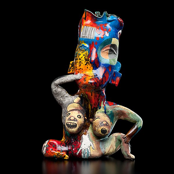 Michael Lucero (1953; USA) : Young Lady with Ohr Hair (Pre-Columbus) 1991 Earthenware, ht. 19.25, wd.12.75, dp. 6.5 in.; signed on right knee. The Pre-Columbian figures have a special place in Lucero’s oeuvre, bringing out