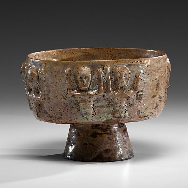 Beatrice Wood (1893-1998; USA) : Gold Luster Vessel with Figures ca 1985 Earthenware: ht. 8 in. x dia. 10 in.; signed on base "BEATO"; acquired through private sale 1995. Wood was introduced to Marcel Duchamp in 1917 and became an i