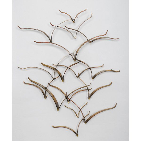 Bird Sculpture by William Bowie : William Bowie (American, 1926-1994). A metal wall sculpture depicting a flock of birds; 28 x 22 in.