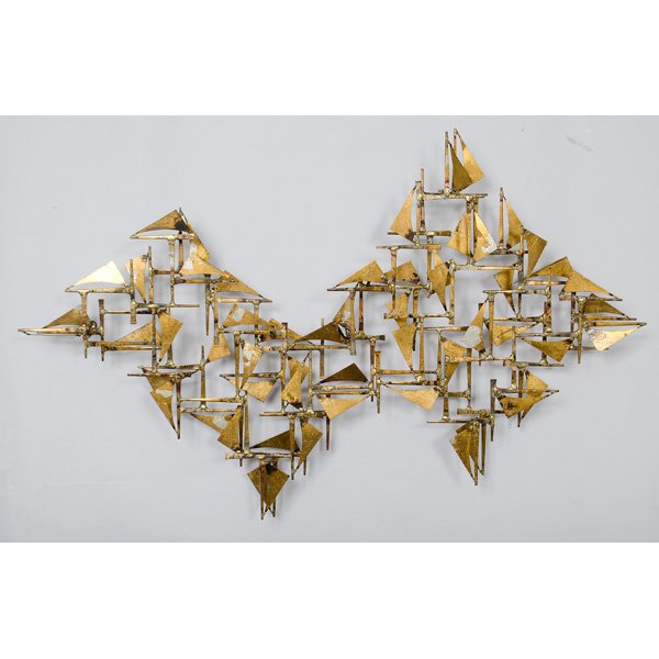 Abstract Wall Sculpture by William Bowie : William Bowie (American, 1926-1994). A metal hanging wall sculpture. Original label affixed to panel at lower right; 21 x 40 in.
