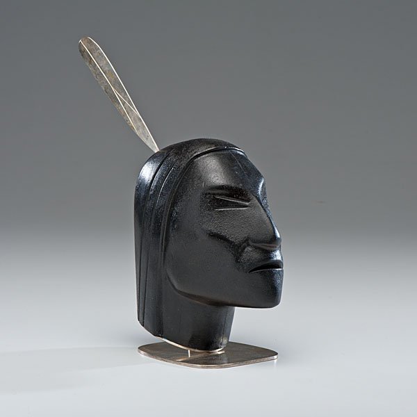 Hagenauer Wien Native American Bust : An ebonized wood bust of a Native American on a chrome base, likely by Franz Hagenauer. Includes removable chrome feather. Bottom with Hagenauer Wien mark and wHw mark, and marked Handmade and Made 