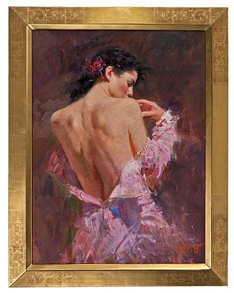 Melissa by Giuseppe Pino : Giuseppe Pino (b. 1939). Oil on canvas, depicting a half nude facing away, signed l.r. Housed in gilt frame with stenciling. The artist was commissioned by Gallery Nash (Carmel, Ca)to paint the pi