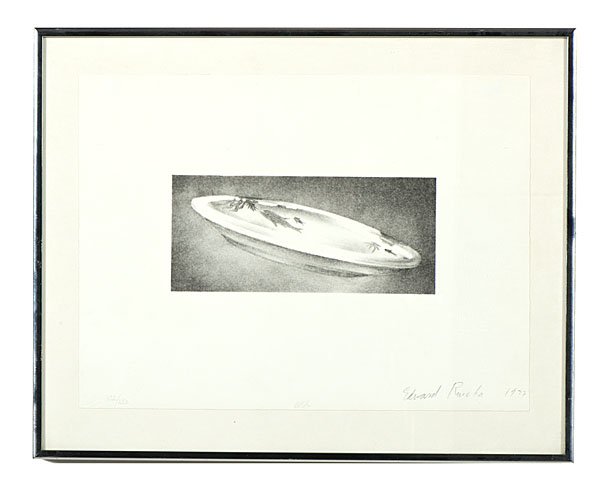 Dish by Edward Ruscha : Edward Joseph Ruscha (American, b. 1937). Lithograph on paper, signed and dated 1973 in graphite l.r., also numbered 132/250 l.l.. On Rives paper, with artist's label on verso containing printi
