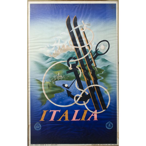 Italia Poster by A.M. Cassandre : Italy, 1935. Italia travel poster by A.M. (Adolphe Mouron) Cassandre (French, 1901-1968), depicting Italian sporting objects with mountains and lake in the background. As a French artist in Mussolini
