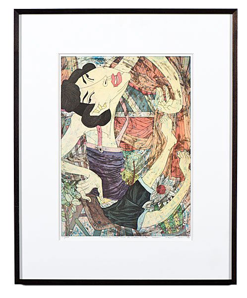 Falling on a Cactus by Yuji Hiratsuka : Yuji Hiratsuka (Japanese, b. 1954). Lithograph in colors on paper, signed l.r., dated 05 and numbered 11/26 in margin; 17.75 x 12.75 in. (sight).