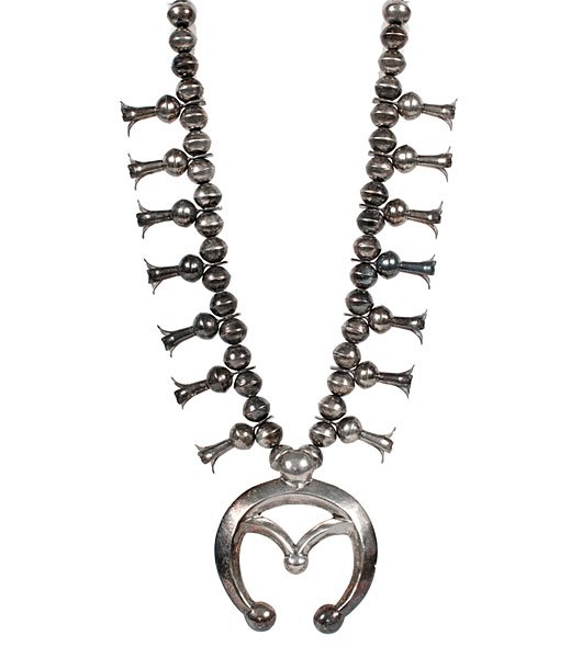 Jessie Claw Navajo Silver Squash Blossom Necklace : with heavy tufa-cast naja and fat beads. Naja stamped JFC for Jessie Claw, who is listed in Barton Wright's 1989 book, Hallmarks of the Southwest on page 38, length 25 in. ca 1970
