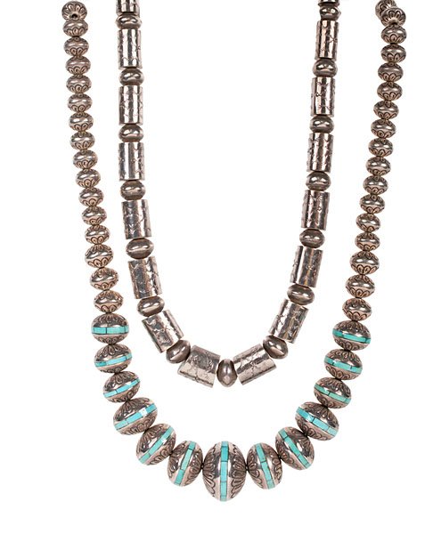 Navajo Silver Bead Necklaces with Stamping : lot of 2. Includes a necklace signed JC, possibly for Jessie Claw who is listed in Barton Wright's 1989 book, Hallmarks of the Southwest, on page 38. This necklace consists of round beads combine