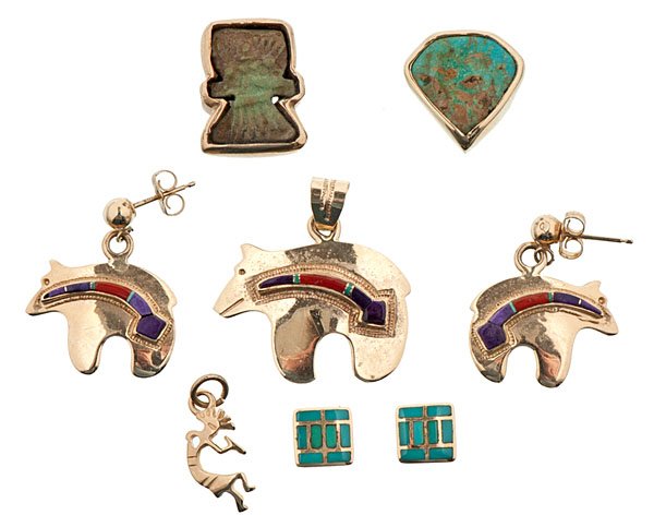 Navajo 14K Jewelry From the Collection of Dr. Kent and : lot of 8. Includes a signed TD 14k bear pendant with matching earrings. Lapis, coral, sugilite, and turquoise set in heart-line motif on the three pieces, pendant height 1 in.; earring height .7