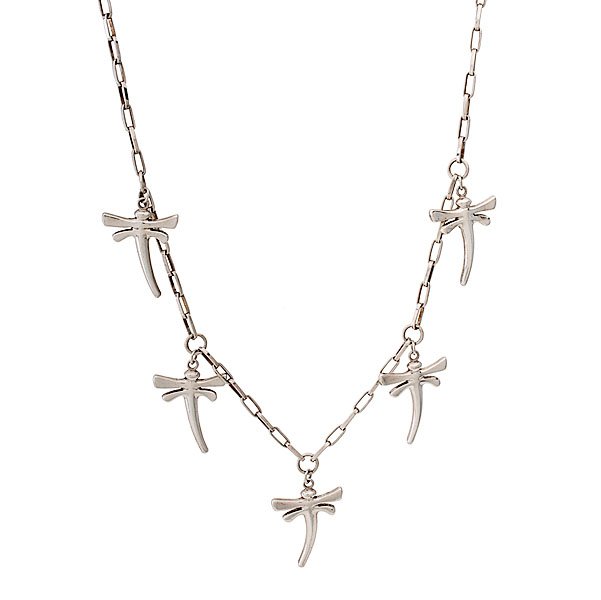 Charles Supplee (b. 1959) Hopi Silver Necklace : silver chain-link necklace embellished with five dragonfly pendants; each pendant hallmarked, length 26 in. 20th century