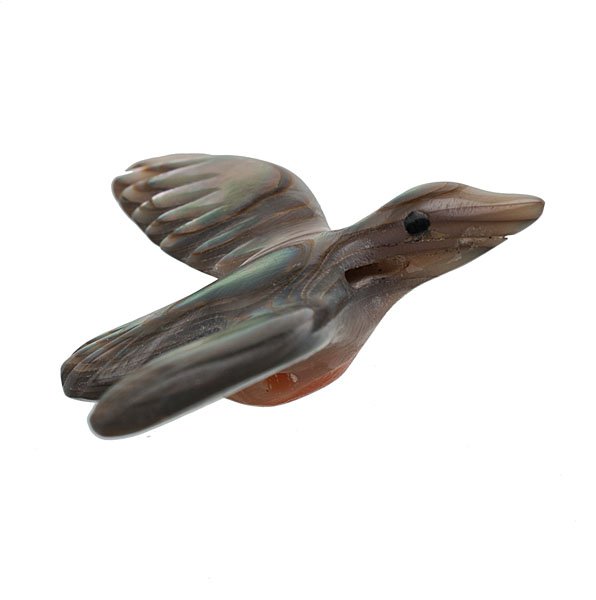 Leekya Deyuse (1889-1966) Zuni Fetish : Mop Bird #124 carved of abalone, however Deyuse left natural orange for bird's belly, wing span 1.5 in. second quarter 20th century