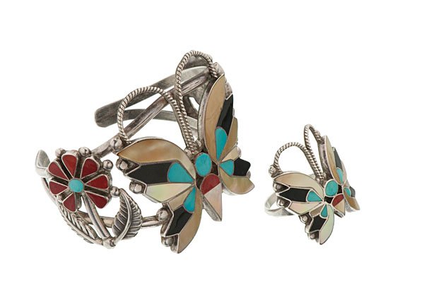 Regina Wallace Zuni Inlaid Butterfly Squash Blossom Nec: lot of 5, all signed R. Wallace and all with proficient lapidary work combined with superb silversmithing. Wallace is listed in Barton Wright's 1989 Hallmarks of the Southwest book on page 110. Lo