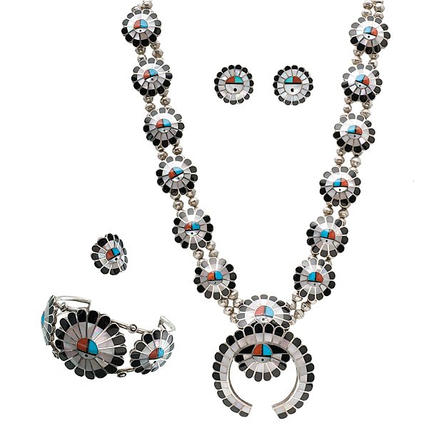 K.B. Eustace Zuni Inlaid Necklace Suite Collected by Jo: four piece set including a necklace, bracelet, ring, and earrings; all decorated with inlaid Sunfaces; bracelet, necklace, and ring are signed, length of necklace 13.5 in.; inside width of bracelet 2.