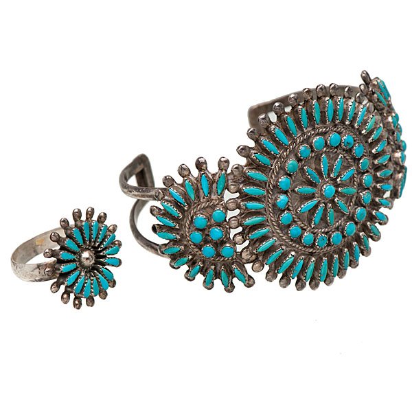 Whooee, Zuni Turquoise Needlepoint Bracelet and Ring : crafted with numerous tiny sets. Bracelet signed WHOOEE Zuni NM for an unknown silversmith, who is probably part of the Zuni Hooie family, bracelet inside length 5.3 in. x width 1.75 in. x opening 1