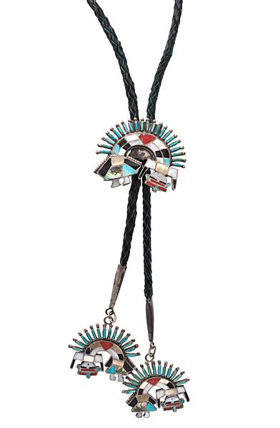 Zuni Inlaid Rainbow Guardian Bolo Tie : all parts marked D.T. (Tsethlaki), a Zuni family known for their smithing skills. The fine inlay detail is accented with delicate turquoise needlepoint. The "D" could possibly be for Doris, len