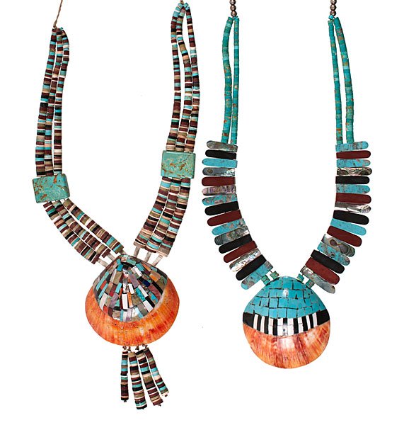 Donald Crespin Santo Domingo Spiny Oyster Shell Necklac: lot of 2, both with complex inlaid motifs on a large, orange, spiny oyster shell. One accented with tabs of abalone, turquoise, catlinite, and jet, length w/o shell 26 in.; AND the other with a th
