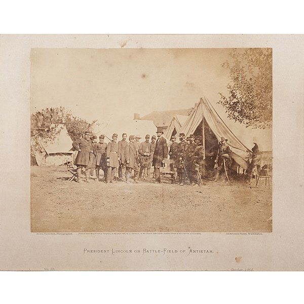 President Lincoln at Battlefield of Antietam,: President Lincoln at Battlefield of Antietam, Photograph by Alexander Gardner Fine albumen photograph, 6.75 x 9 in., on 10 x 13 in. cream-colored mount featuring the printed title, President Linco