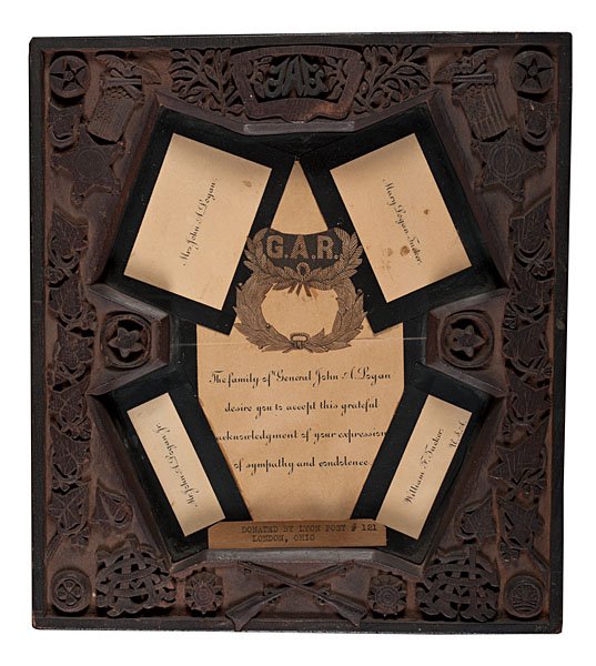 Genl John A. Logan, Fine Hand-Carved GAR Memorial Frame: General John A. Logan, Fine Hand-Carved GAR Memorial Frame Unique hand-carved wood frame designed around an acknowledgement of condolences card from the family of General John A. Logan and the mourn
