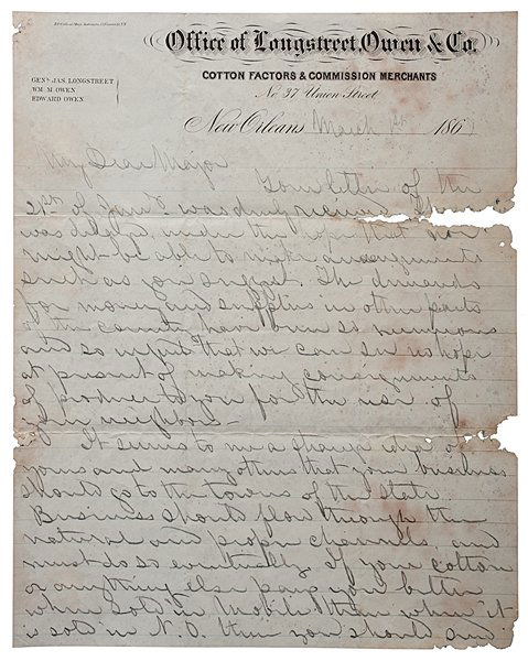 James Longstreet, Confederate General, Post-War ALS: James Longstreet, Confederate General, Post-War ALS to T.K. Jackson James Longstreet (1821-1904). Confederate Lieutenant General considered Lee's most trusted subordinate. Post-Civil War ALS to T.K.