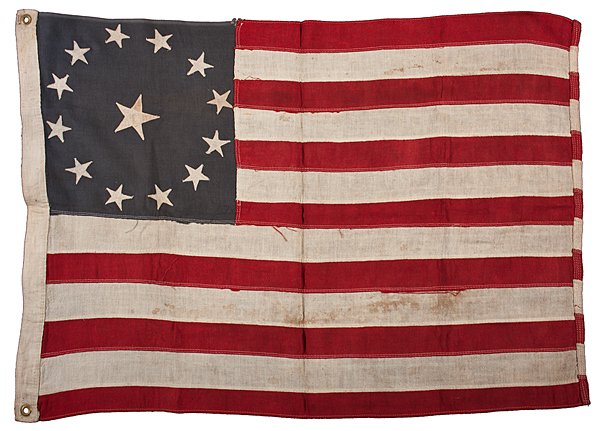 13-Star, Battle of Cowpens Pattern Flag, Rare : 13-Star, Battle of Cowpens Pattern Flag, Rare Wool, 35 x 23 in., machine-sewn, Battle of Cowpens pattern flag with 13 stars, including 1 large central star surrounded by a circle of 12 stars. 1890-1