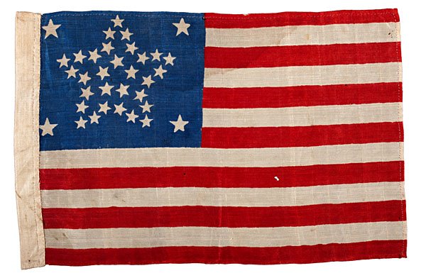 Civil War-Period, Rare 34-Star National Parade Flag: Civil War-Period, Extremely Rare 34-Star National Parade Flag Silk, 10 x 6.375 in., printed, Civil War-era national parade flag featuring rare "Great Star" pattern, with 4 stars in each corner of th