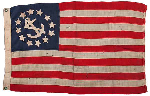 12-Star Yacht Flag, Rare Example : 12-Star Yacht Flag, Rare Example Wool, 35 x 21 in., hand- and machine-sewn yacht flag with 12 single-applique, hand-sewn stars and anchor, set into cut-outs in canton. Made by Annin. 1865-1890. 