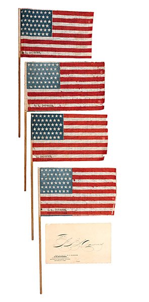 45-Star Parade Flags of Civil War Veteran L.L Downs: 45-Star Printed Parade Flags Belonging to Civil War Veteran, L.L. Downs, 95th Illinois Infantry Lot of 4, starched gauze, 6 x 3.75 in. printed flags, each with 45 stars configured in 8/7/8/7/8/7 ro