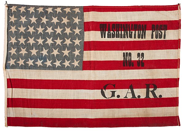 GAR Overprinted 46-Star National Flag : GAR Overprinted 46-Star National Flag Cotton, 16.625 x 11.25 in., rare printed national parade flag with 46 stars arranged in tumbling star pattern. Machine-stitched, hemmed edges. 1908-1912. Overpr