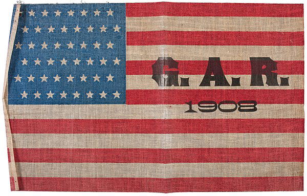 GAR Overprinted 48-Star National Parade Flag : GAR Overprinted 48-Star National Parade Flag Starched gauze, 17.5 x 11 in., rare printed national parade flag with 48 stars arranged in 8/8/8/8/8/8 staggered rows. 1908. The staggered-row star