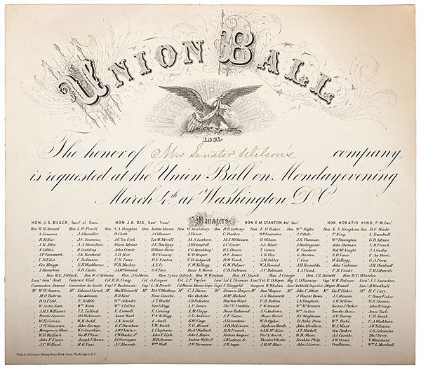 Abraham Lincoln, 1861 Inaugural Ball Invitation: Abraham Lincoln, 1861 Inaugural Ball Invitation for Mrs. Henry Wilson, Wife to U.S. Grant's Second Vice President Rare invitation to Abraham Lincoln's first inaugural ball, March 4, 1861, called the
