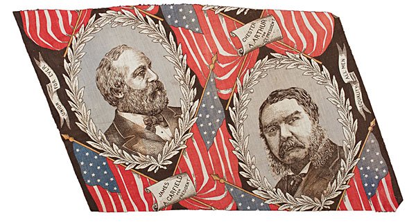 Garfield & Arthur, 1880 Campaign Cloth with Portraits: Garfield & Arthur, 1880 Campaign Cloth Featuring the Candidates' Portraits Red, white, blue, and brown printed, cotton campaign cloth, approx. 15.75 x 25 in., with legend: James A. Garfield for Pre