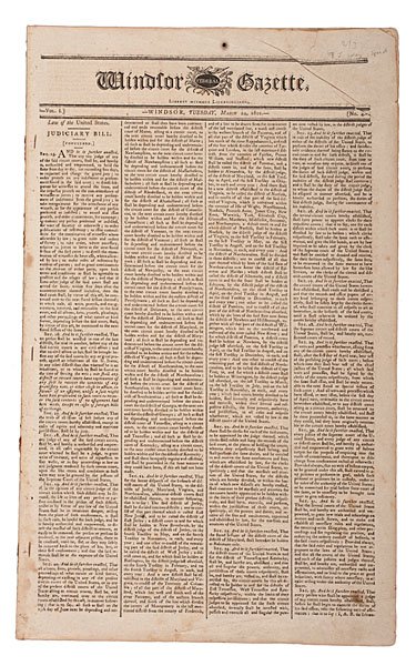 Windsor Federal Gazette, Mar 24, 1801 Jefferson Address: Windsor Federal Gazette, March 24, 1801, Including Thomas Jefferson Address Windsor Federal Gazette, Windsor, VT, March 24, 1801. 4pp, 18 x 11 in. The second page contains Jefferson's first inaug