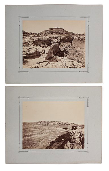 John K. Hillers Albumen Photographs of Pueblo : John K. Hillers Albumen Photographs of Pueblo Lot of 2 albumen photographs by John K. Hillers, 10 x 13 in., each on original, decorated mount, 16 x 20 in., including: a distant view of a Pueblo vill
