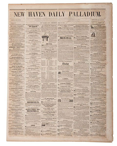 New Haven, Daily Palladium, 1844, Joseph Smith Portrait: New Haven, Daily Palladium, July 18, 1844, Featuring One of the Earliest Known Portraits of Mormon Prophet, Joseph Smith, After his Death New Haven Daily Palladium, New Haven, CT, dated July 18, 18