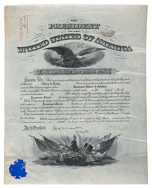 William H. Taft Commission Signed as President: William H. Taft Commission Signed as President, for Harry Lee Bailey, Lieutenant Colonel William H. Taft. Partially printed document signed. 1p, 15.25 x 18.75 in., on vellum, with embossed seal, aff