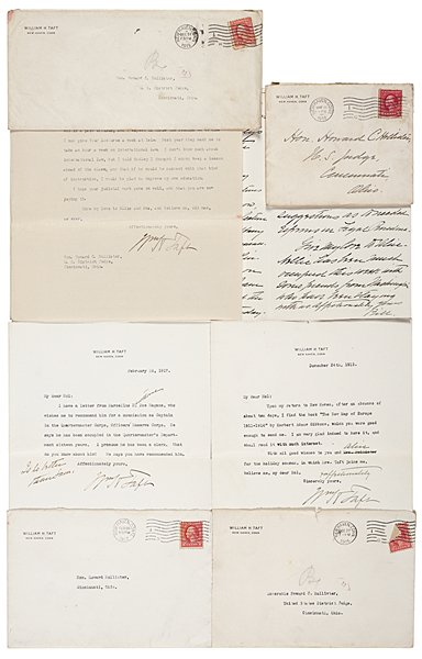 ALS and TLS, W.H. Taft to H. C. Hollister : ALS and TLS, W.H. Taft to H. C. Hollister Lot of 4 with covers. All after Taft left the White House, and on his New Haven, Conn. letterhead. First ALS is 4pp, 5 x 8 in., dated 18 May 1914, signed Bi