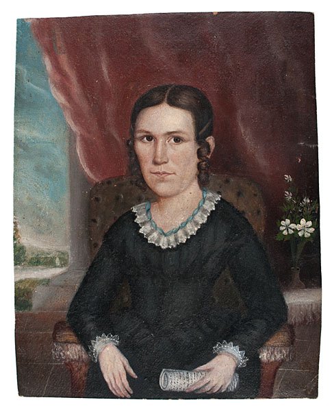 Mid-19th Century Illinois Folk Portrait : American (Illinois), ca 1850s. Oil on thin board, a portrait of a woman painted by an unidentified itinerant artist working in Illinois, the subject holding sheet music or writing, seated in front o