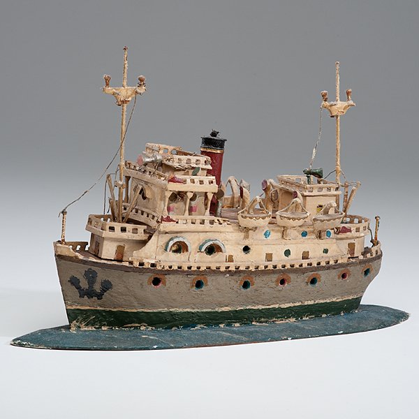 Folk Model of a Steamship, Ex Herbert Hemphill : American (New York), late 19th-early 20th century. Colorful model of a steam ship having lifeboats, rigging, stack, and other architectural details, set on painted base evoking the vessel's movement