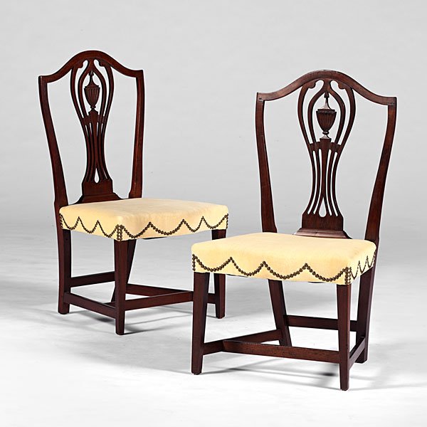 Hepplewhite Side Chairs : American (possibly Salem, Massachusetts), ca 1790-1800. A pair of Hepplewhite transitional side chairs, with over upholstered seats, pierced badminton and urn splats, the seats with swagged brass ta