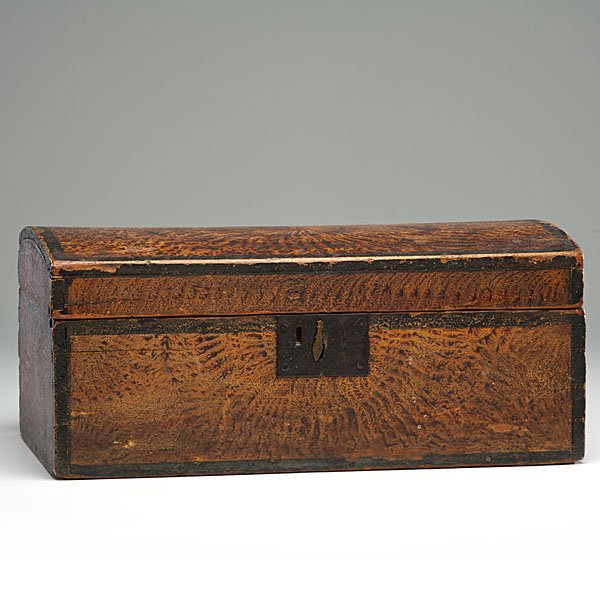 Grain Decorated Trunk : American, 19th century. A grain-painted trunk of dovetail construction, with domed and hinged lid and wrought iron lock plate; ht. 10.5, wd. 24, dp. 13 in.