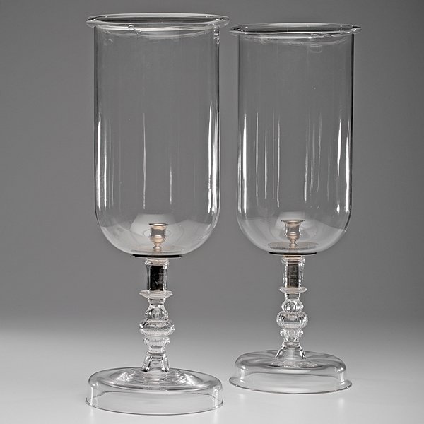 Monumental Blown Glass Hurricane Candlesticks : American, 19th century. Pair of large hurricane candlestick holders, each consisting of a mold blown standard rising on high domed foot, joined with metal fitting including silver tone screw in s