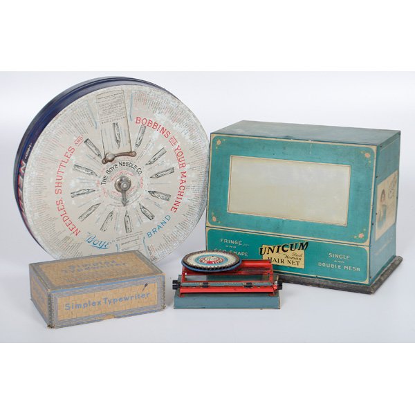 Lot and Advertising and Tin Typewriter Toy : Lot of 3, including a Needles machine, tin box with rotating top, also a Simplex Typewriter toy in original box, and finally a tin display; diameter of largest (Needles display) is 15.5 in.