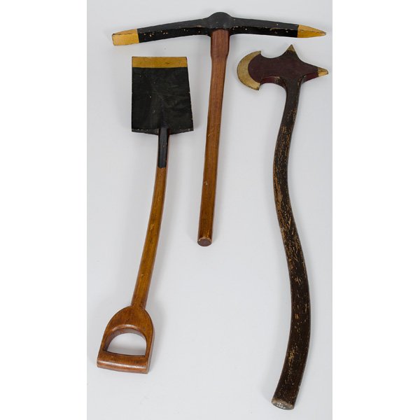 Odd Fellows Folk Art Axes and Shovel : American, ca 1900. Group of three Odd Fellows ceremonial wooden emblems, including pickaxe, axe, and shovel, all with gilt blade edges; axe lg. 43.25 in.
