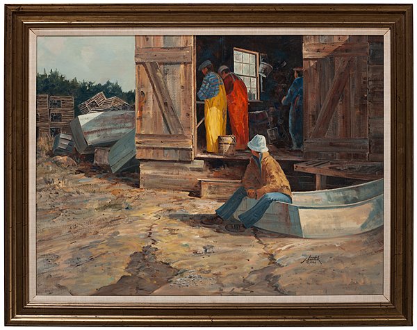 Monhegan Fish Home by John Bartok : John Bartok (American, b. 1938). Oil on canvas, dated 1980 and signed and titled on verso, also signed l.r., ex. Hudson Valley Art Association; 28 x 37.5 in. (sight).