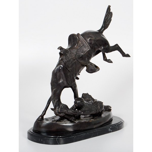 Frederic Remington Bronze Recast : 20th century recast on marble base; ht. 23 in. Provenance: Estate of Jan Sorgenfrei